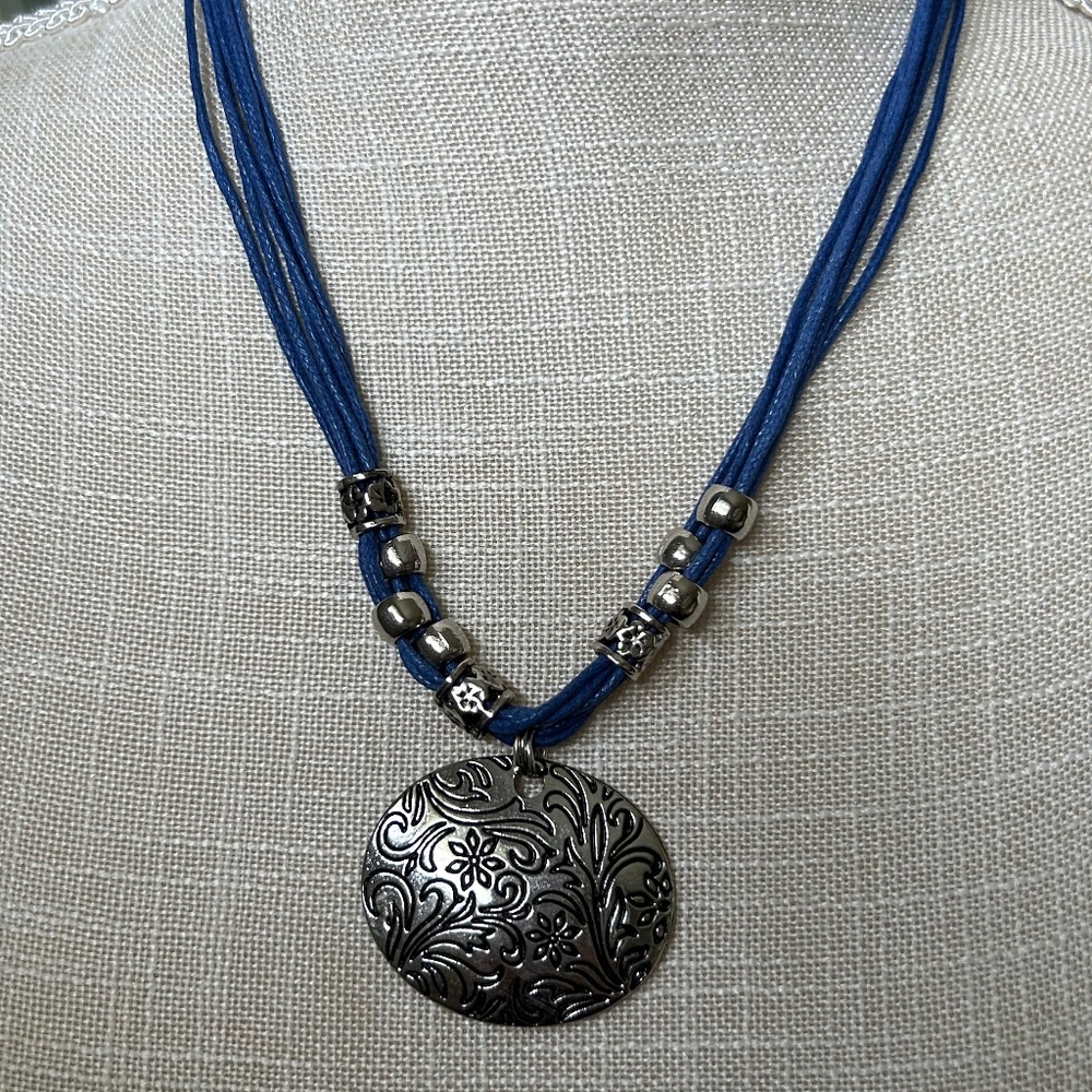 NWOT Deja Vu Bijou Necklace Blue Cord with Silver Tone Pendant and Beads